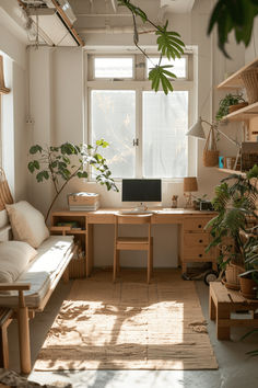 a living room filled with lots of plants next to a laptop computer on a desk