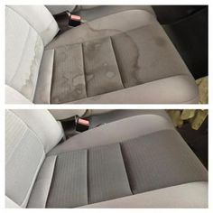 two pictures of the inside of a car with dirty seats