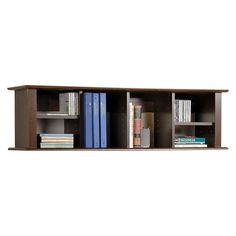 a wall mounted shelf with books on it and two shelves below the shelf are empty