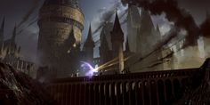 the hogwarts castle in harry potter's world is lit up at night