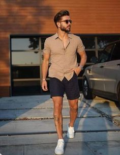 Button Up Shirt With Shorts Men, Men’s Casual Wear Summer, Mens Summer Outfits Button Down, Men’s Rugged Summer Style, Men’s Summer Office Outfit, Mens Causal Outfit Summer, Men’s Summer Fashion 2023 Casual, Men’s Outfits Vegas, Simple Men’s Summer Fashion