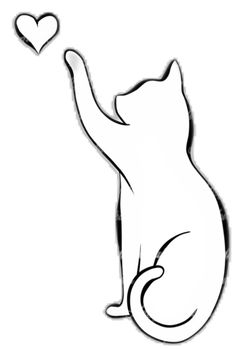 a black and white drawing of a cat holding a heart