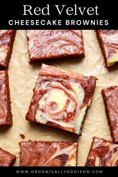 red velvet cheesecake brownies on parchment paper with text overlay that reads, red velvet cheesecake brownies