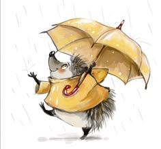 a hedgehog holding an umbrella in the rain with it's legs spread out