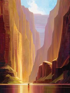 a painting of the grand canyons and cliffs that are reflected in the still water