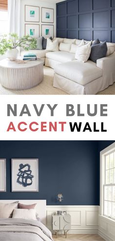 the navy blue accent wall in this bedroom is perfect for any room that needs to be painted