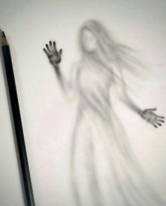 a pencil and shadow of a woman holding her hand out to the side, on a white surface