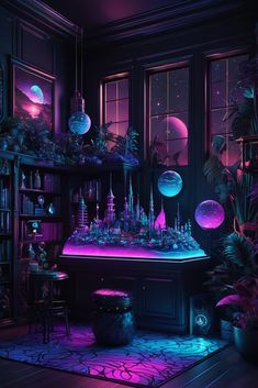 a room filled with lots of plants next to a window covered in purple lights and hanging globes