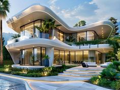 this is an artist's rendering of a modern house in palm trees and water