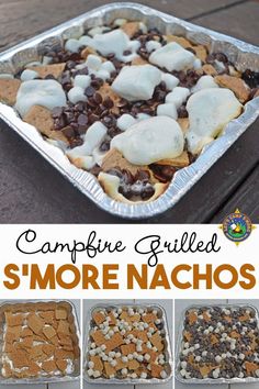 campfire grilled s'more nachos with marshmallows and chocolate chips