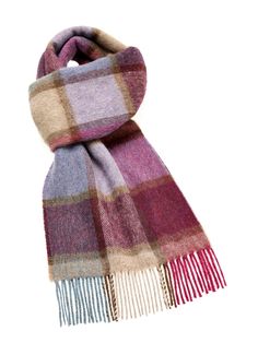 Pateley Pink Check Scarf, Merino Lambswool, Made in England Scarf Photography, Wool Products, Plain Scarves, Plaid Throw Blanket, Masculine And Feminine, Check Scarf, Led Dog Collar, Tartan Blanket, Merino Wool Scarf