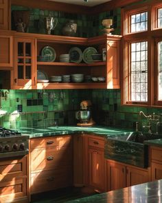 Dark Midcentury Modern kitchen featuring moody colors and chrome accents Mid Century Terracotta, Two Side Kitchen, Modern Craftsman Interior Kitchen, Midcentury Modern Cottagecore, Vintage Contemporary Kitchen, Mid Century Cottage Core, Kitchen Interior Vintage, Craftsman Bungalow Kitchen, Modern Log Cabin Interior