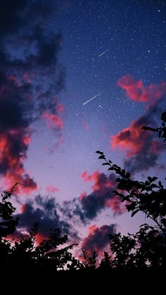 the night sky is filled with stars and clouds, as well as trees in silhouette