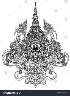 an intricate black and white drawing of a buddha head with ornate designs on the side