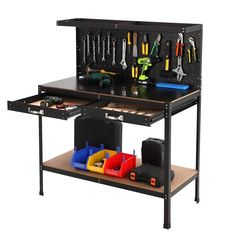 a black workbench with tools on it