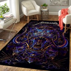 a living room area rug with an image of a demon