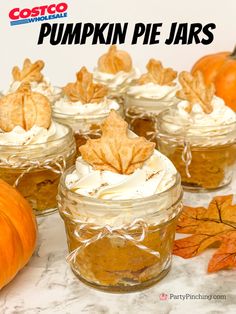 pumpkin pie jars with whipped cream and leaves