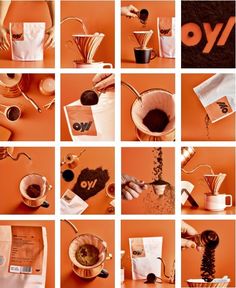 many different images of coffee being made in cups and saucers, with the words oy written on them