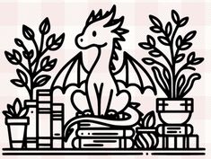 a black and white drawing of a dragon sitting on books next to some potted plants