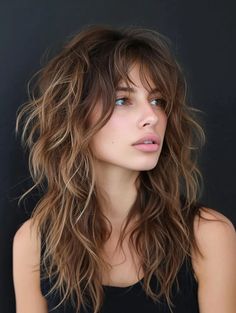 Shag Hairstyles Balayage, Hair Color For Shag Haircut, California Shag Haircut, Long Shaggy Haircut For Fine Hair, Choppy Layers For Long Hair Curly, Long Shag Haircut Choppy Layers Curly, Long Shag Hairstyles For Fine Hair, Shag Hairstyles Long Bangs, Women’s Long Hair Shag