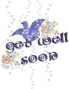 the words get well soon are written in blue and purple flowers on a white background