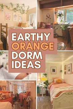 an orange dorm room is shown in this collage