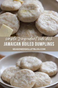 homemade jamaican boiled dumplings in a white bowl with butter on top and the recipe below