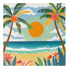 a painting of palm trees and the ocean