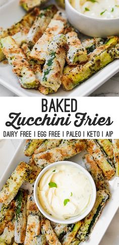 baked zucchini fries on a white plate with dip in the middle and another side dish