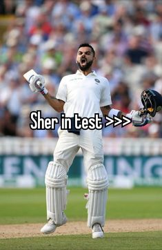 a man holding a cricket bat on top of a field with the words sher in test