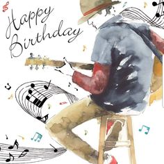 a watercolor painting of a man sitting on a stool playing the guitar