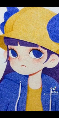 a drawing of a girl wearing a yellow hat and blue jacket with her eyes wide open