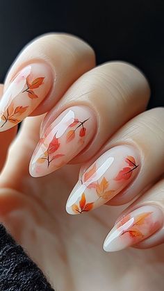 Nails Idea For Fall, Pumpkin And Fall Leaves Nails, Pink Leaf Nails, Fall Nails Pumpkin And Leaves, Fall Harvest Nails, Fall Plaid Nail Art, Autumn Theme Nails, Fall Leaves Nails Design, Fall Tree Nail Designs