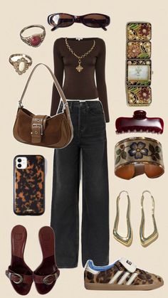 an assortment of women's clothing and accessories including shoes, handbags, purses