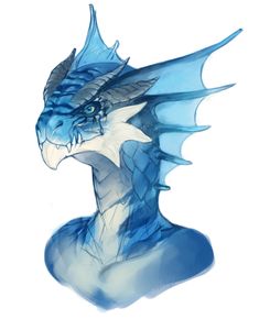 a drawing of a blue dragon with its head turned to the side and it's eyes open