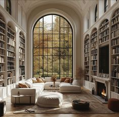 a living room filled with lots of furniture and bookshelves next to a fire place