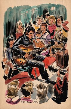 a drawing of elvis presley playing the guitar in front of a large group of people