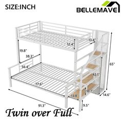 the bunk bed is white and has two drawers on each side, with stairs to the bottom