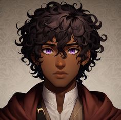 an animated image of a man with curly hair and purple eyes wearing a brown jacket