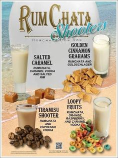 an advertisement for rumchata shorties with different types of food and drinks on the beach