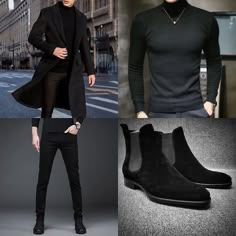 Black Chealse Boots, Men Black Pants Outfit, Black Outfit For Men, Men Black Jacket, Dresses For Boys, Black Pants Outfit, Black Outfit Men, Mens Business Casual Outfits, Outfit For Men