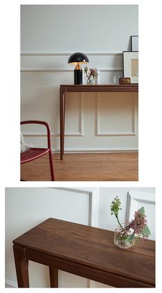 two pictures of a table with flowers on it and a chair in the corner next to it