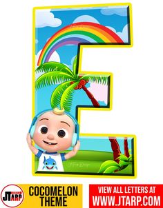 the letter e is for cocomelon with an image of a palm tree and a rainbow