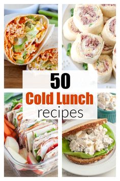 the collage shows different types of sandwiches and rolls with text overlay that reads 50 cold lunch recipes