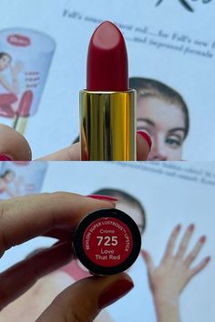 This classic red lipstick shade is still stunning to this day (even though the shade itself is over 50 years old!) Check out the swatches and review yourself on my blog! #redlipstickswatches #revlonlovethatredswatches #vintagemakeupads #vintageredlipstick #50s Make Up For Red Lipstick, Revlon Red Lipstick, 1960s Lipstick Colors, Revlon Vintage Lipstick, 80s Red Lipstick, Revlon Certainly Red Lipstick, 1950s Red Lipstick, Red Lipstick Swatches, Vintage Makeup Vanities