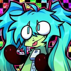 a cartoon girl with blue hair and big eyes holding a cell phone in her hand