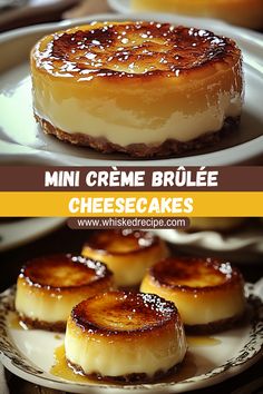 mini creme brulee cheesecakes on a white plate with brown trim