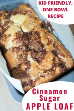 an apple bread in a baking pan with the words fall harvest apple bread on it