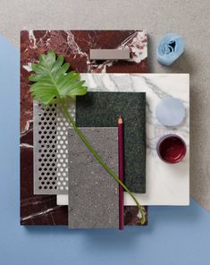 a table topped with lots of different types of tile and a plant next to it