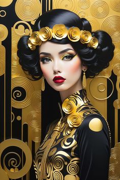 a painting of a woman in gold and black with circles around her head, wearing a golden necklace